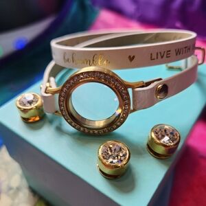 Origami owl wrap bracelet with slider bezels white leather gold